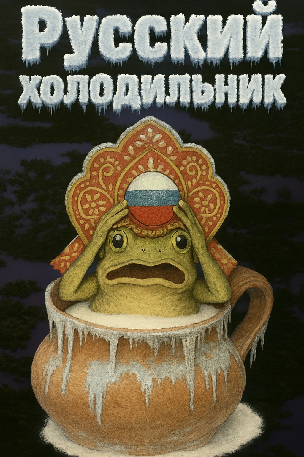 Сделай надпись Русский холодильник строго как на картинке в 2 строки, чтобы она была покрыто чуть льдом и инеем, но читалась emoji