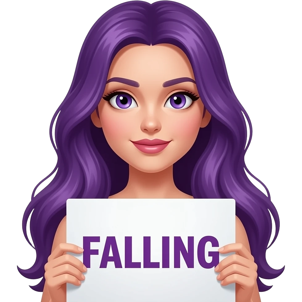 sexy girl with long purple hair and purple eyes holding a FALLING for the VILLAIN sign emoji
