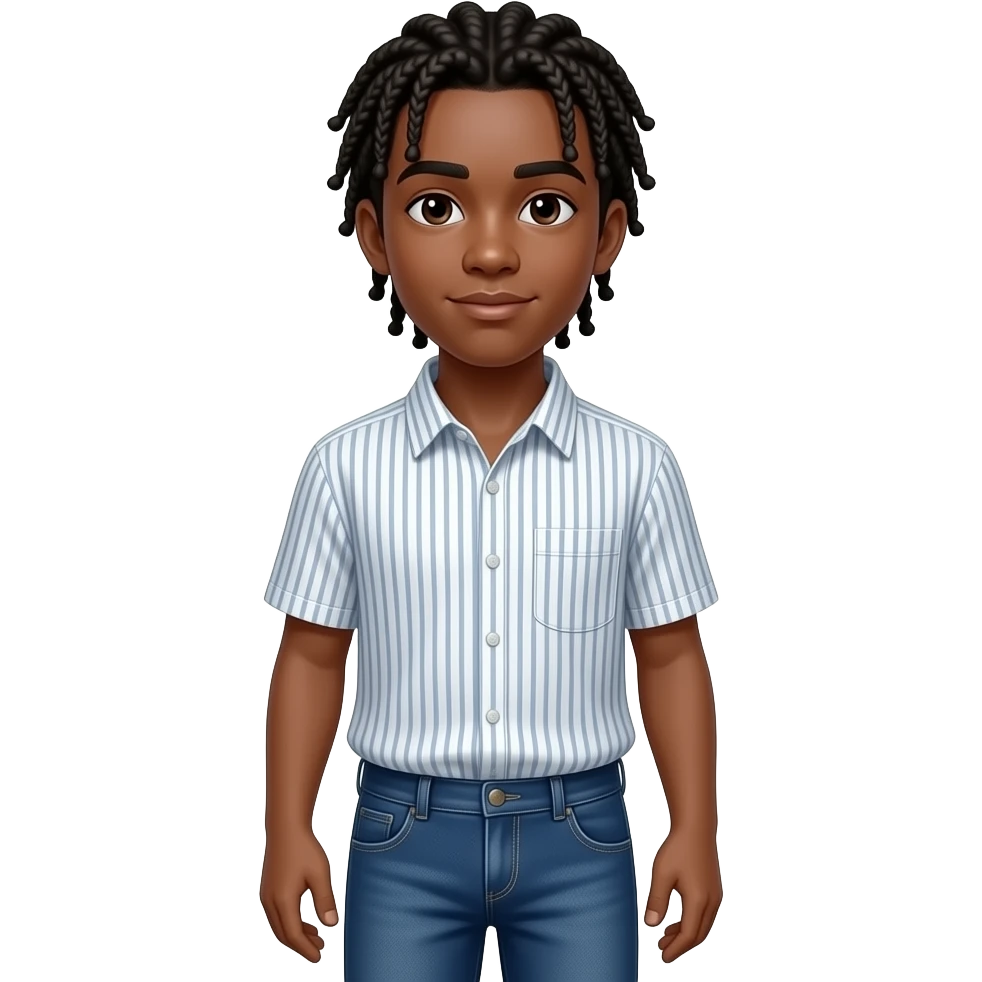 African American teenage boy with cornrow braids wearing a short sleeve button up shirt with thin vertical stripes pattern on it wearing navy blue denim jeans emoji
