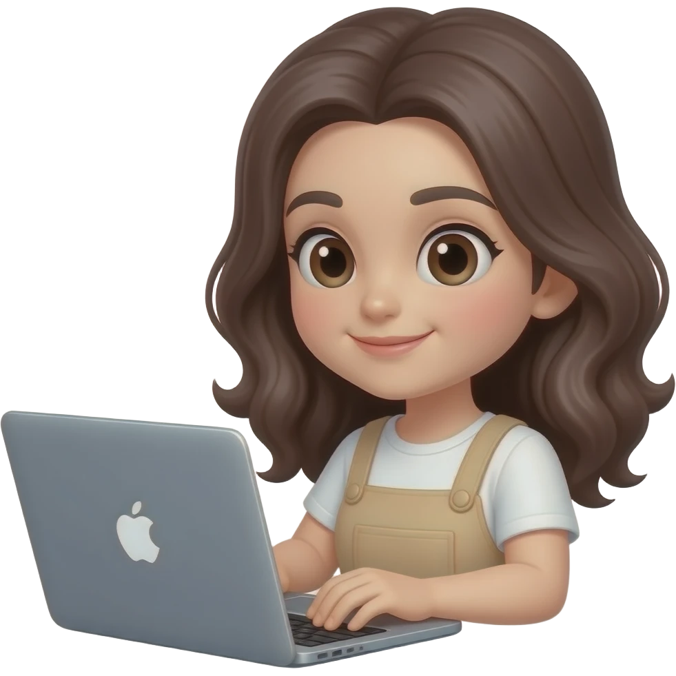 ios emoji girl with dark brown wavy hair in white and beige clothes is working with grey macbook emoji