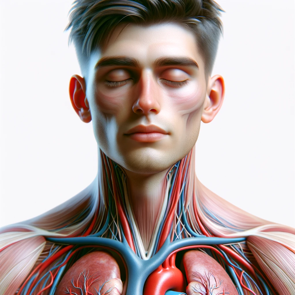 corpo umano anatomico con capelli corti in perfetta salute con gli occhi chiusi ed espressione serena a figura intera fino alle ginocchia, cuore e organi in evidenza, iperrealistica 4k, isolato su sfondo bianco emoji