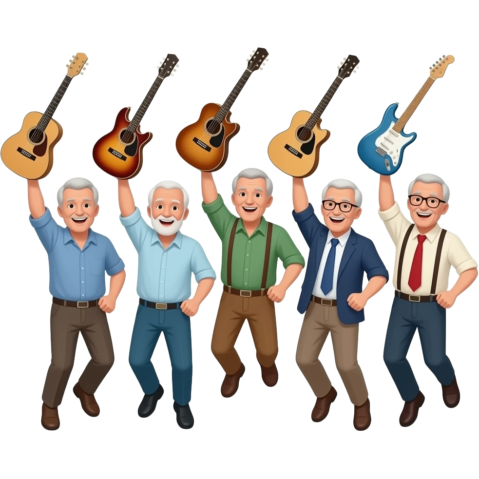 a musical group of old men jumping with guitars in the air emoji