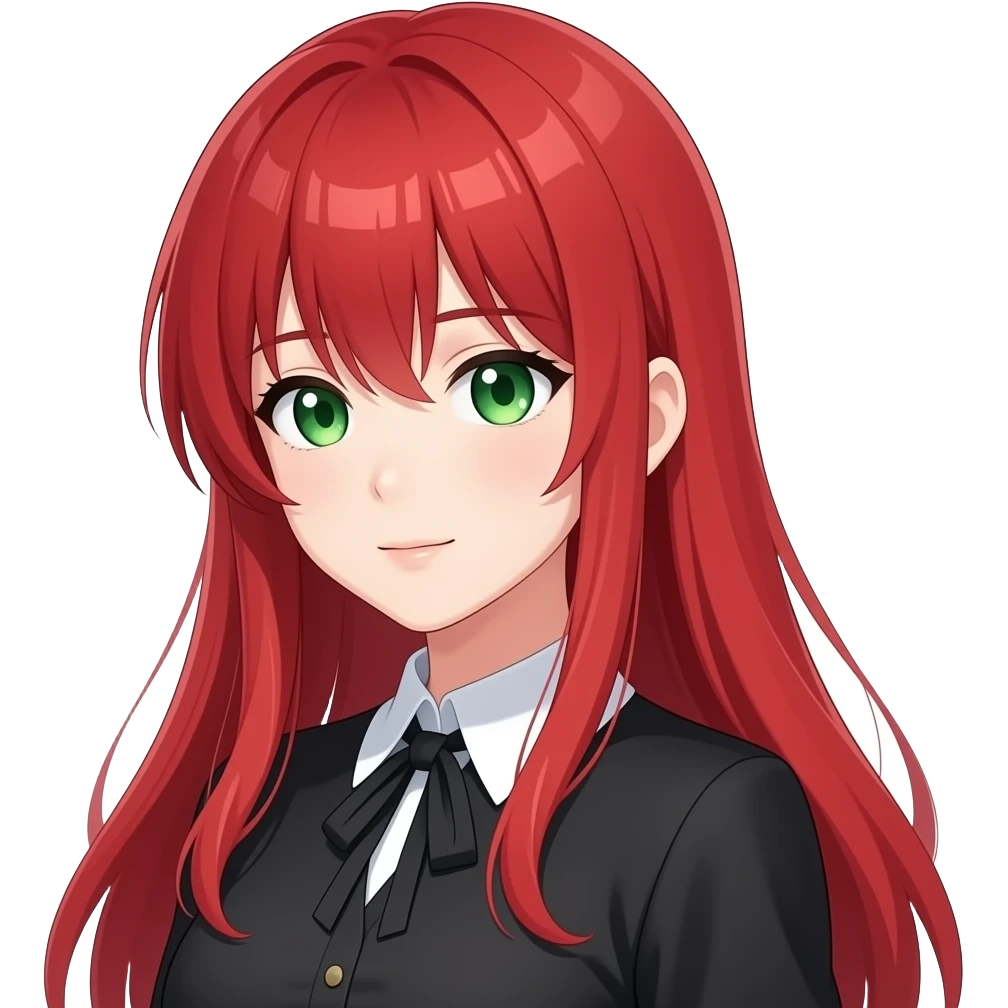 anime girl side eye long red hair green eyes black blouse with white collar emoji