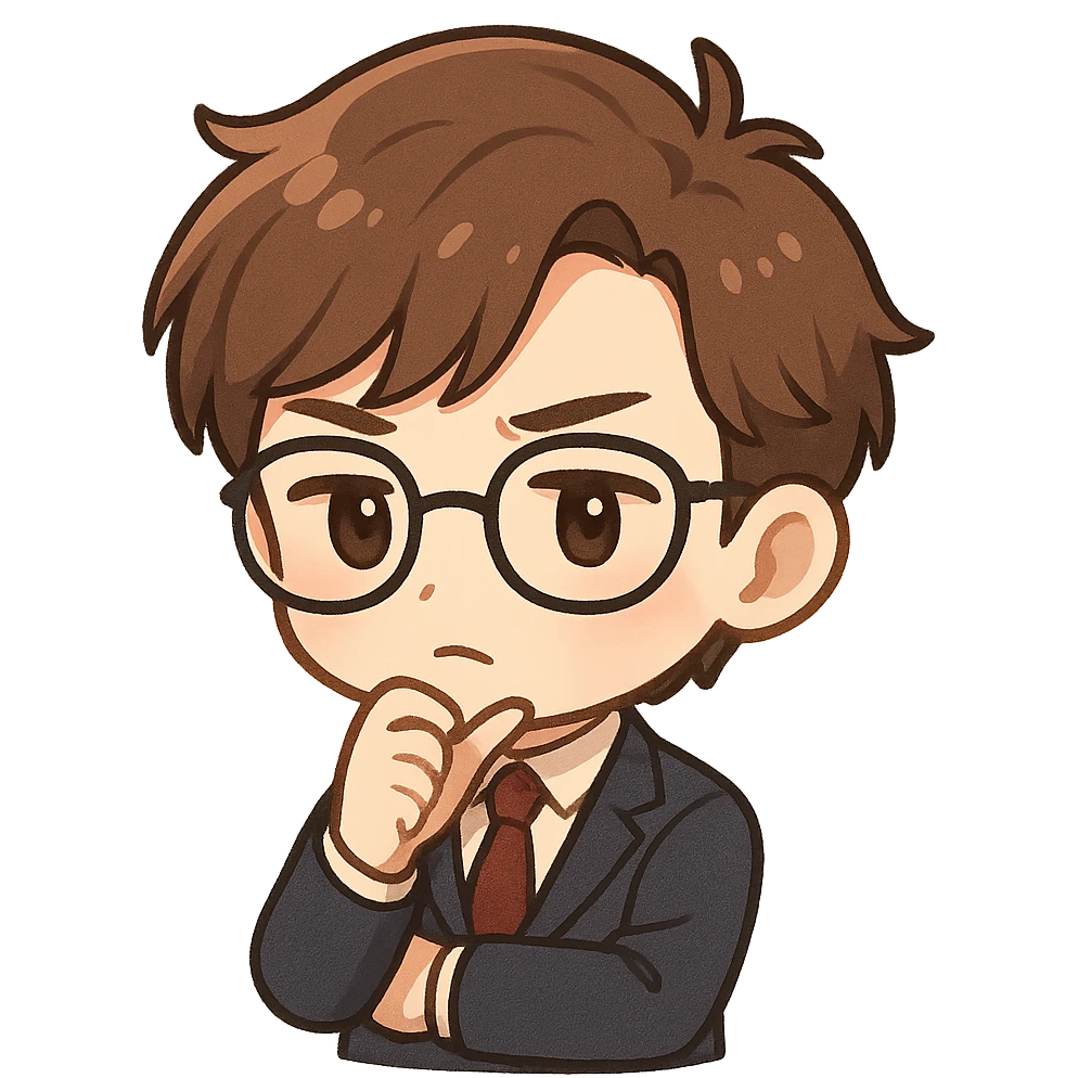 hombre joven chibi castaño, piel blanca, con pose de intelectual, fondo neutro emoji
