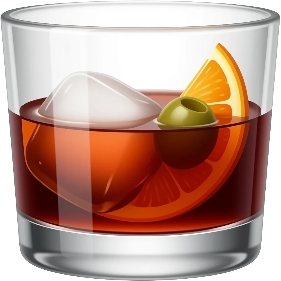 A short whiskey glass filled with dark red vermouth. It has a big block of ice, an olive and a thin slice of orange in the glass too emoji