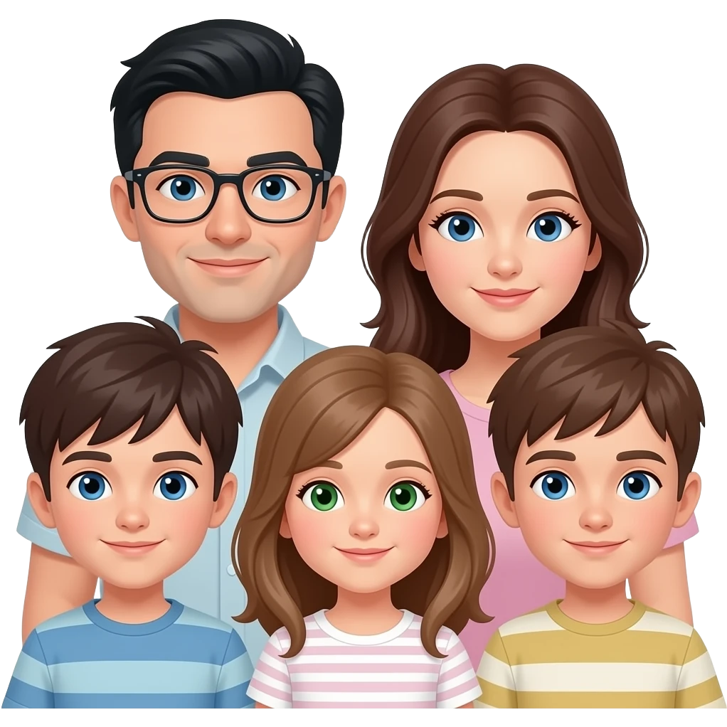 family of 6 white people with 4 kids and all brown hair except dad with black hair and glasses. mom and 3 of oldest brothers have blue eyes. daughter has green eyes light brow hair. emoji