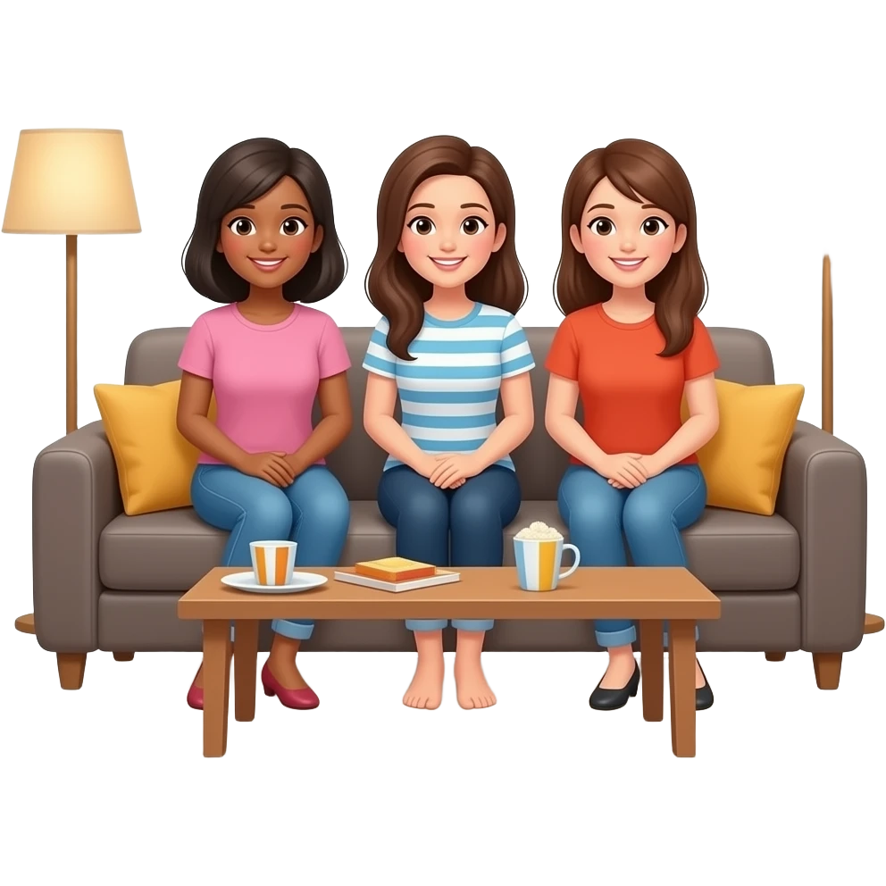 three women sitting on a couch watching a movie together emoji
