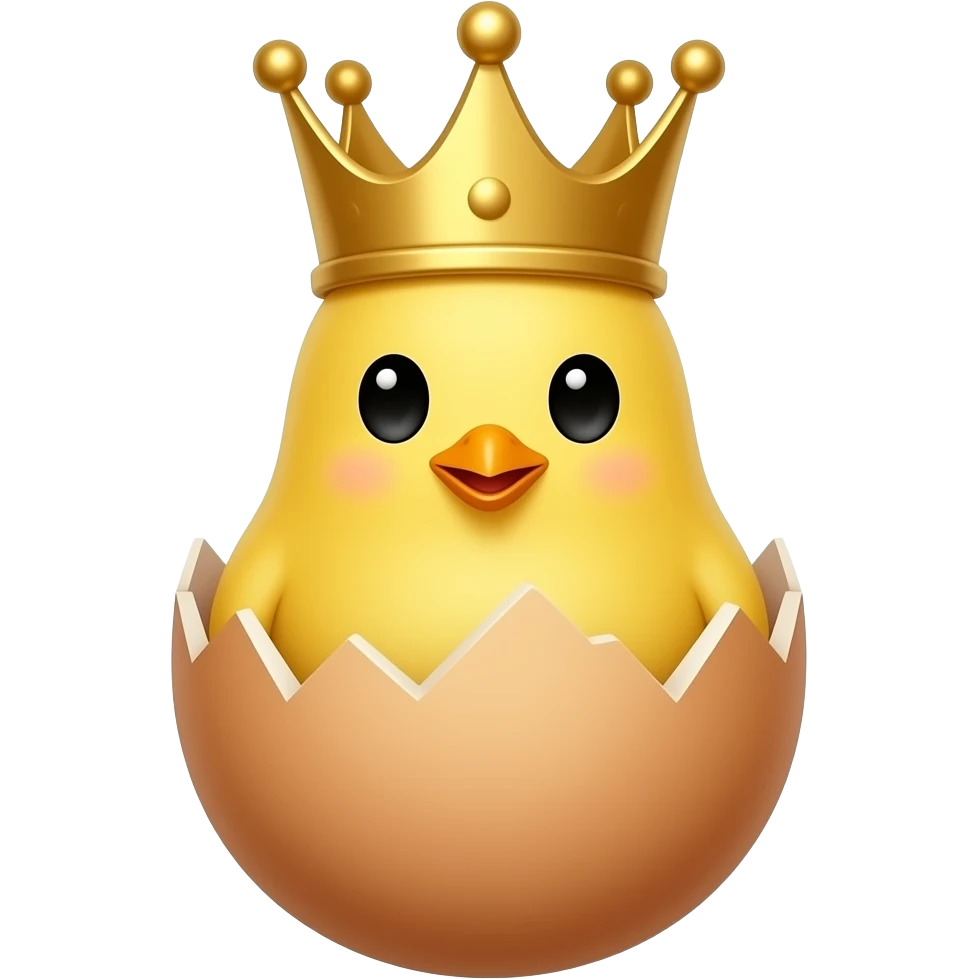 Hatched chick emoji coming out of an egg on the bottom. Is wearing a queen's crown emoji