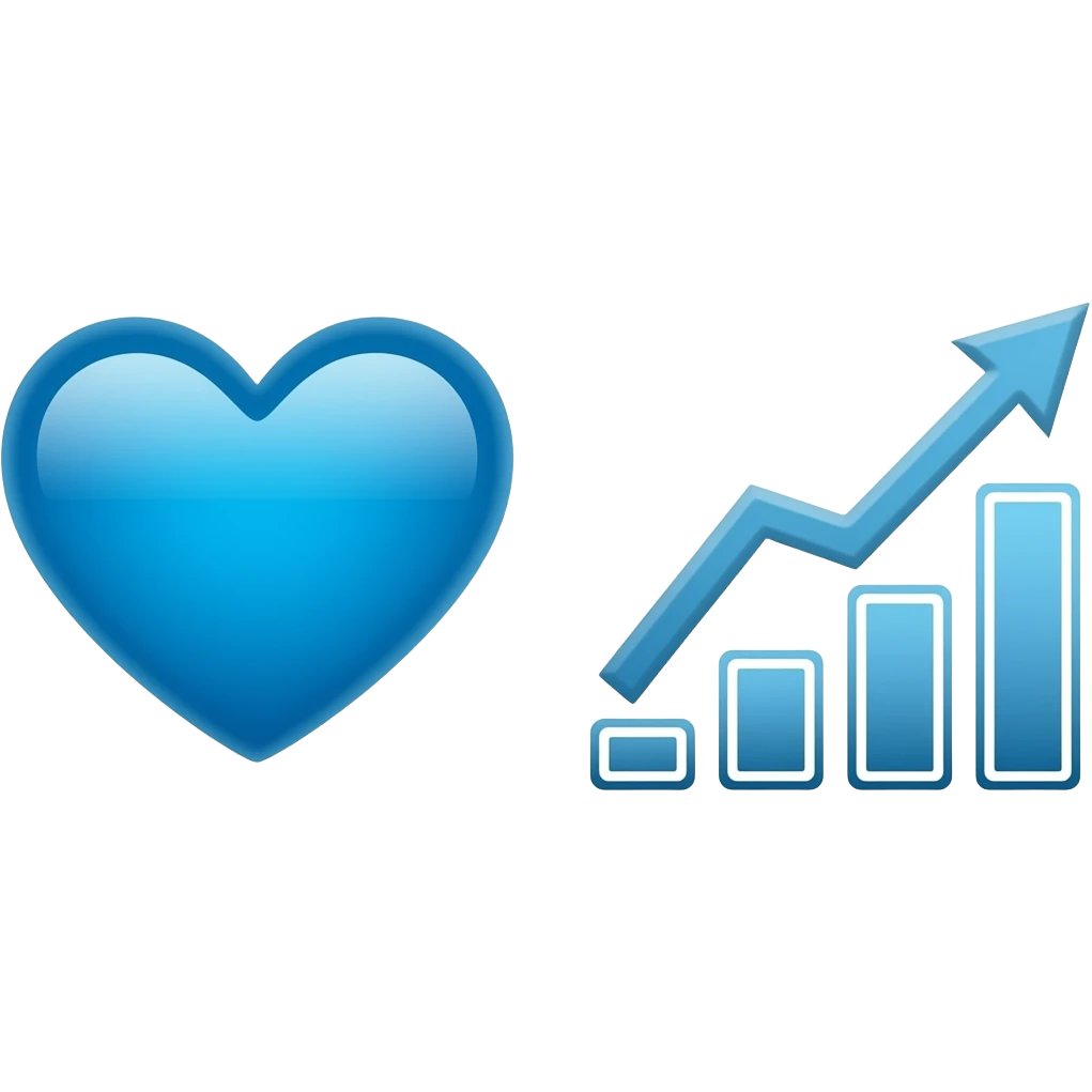 On the left: a whole blue heart. On the right: a growing economic chart in the form of an arrow emoji