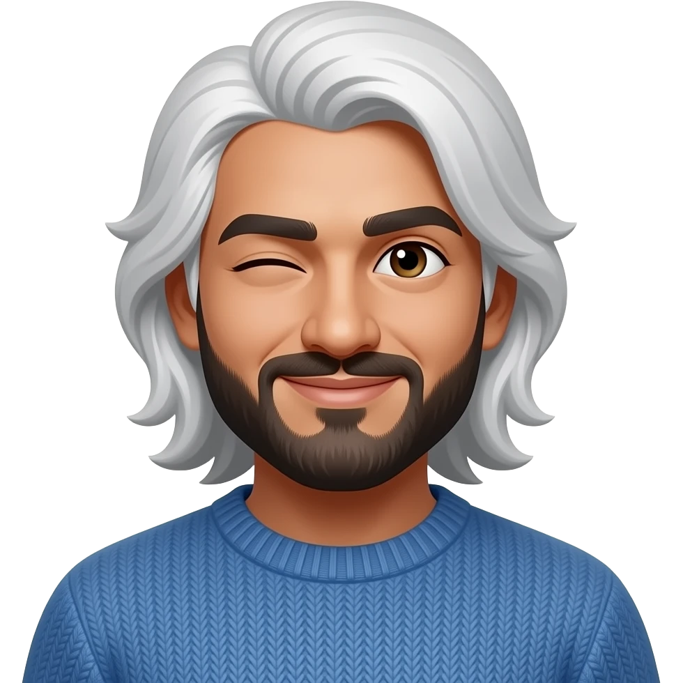 Brown pakistani guy with long shoulder length white hair winking, wearing blue sweater emoji