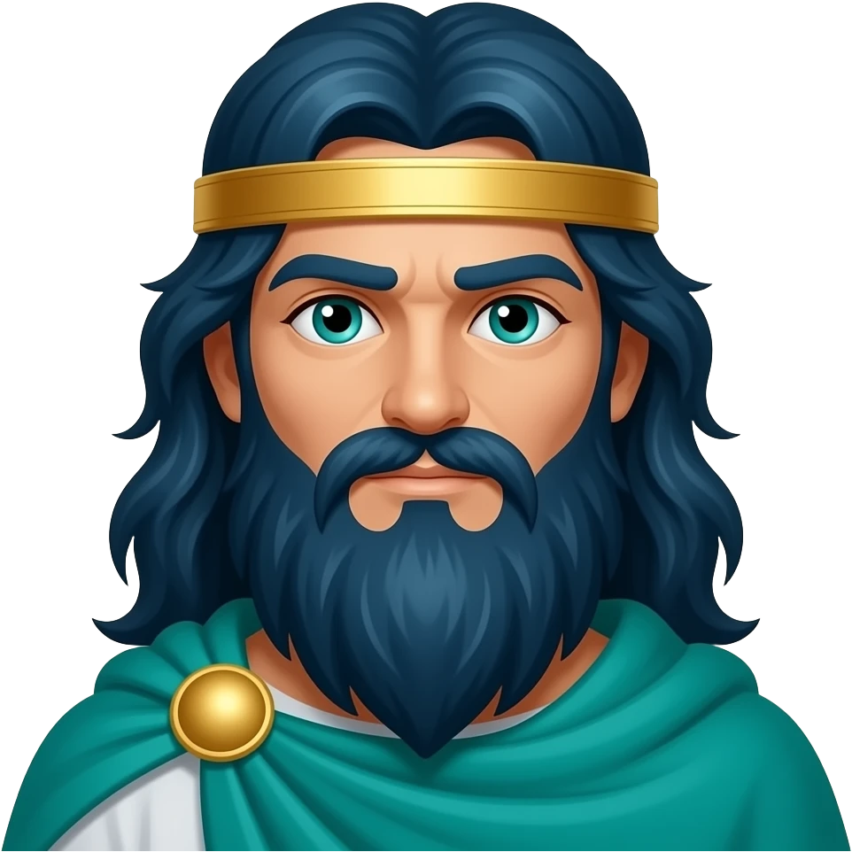 Neptune from Roman Mythology with teal eyes, long blue-black hair and beard, gold diadem, sea green cape emoji