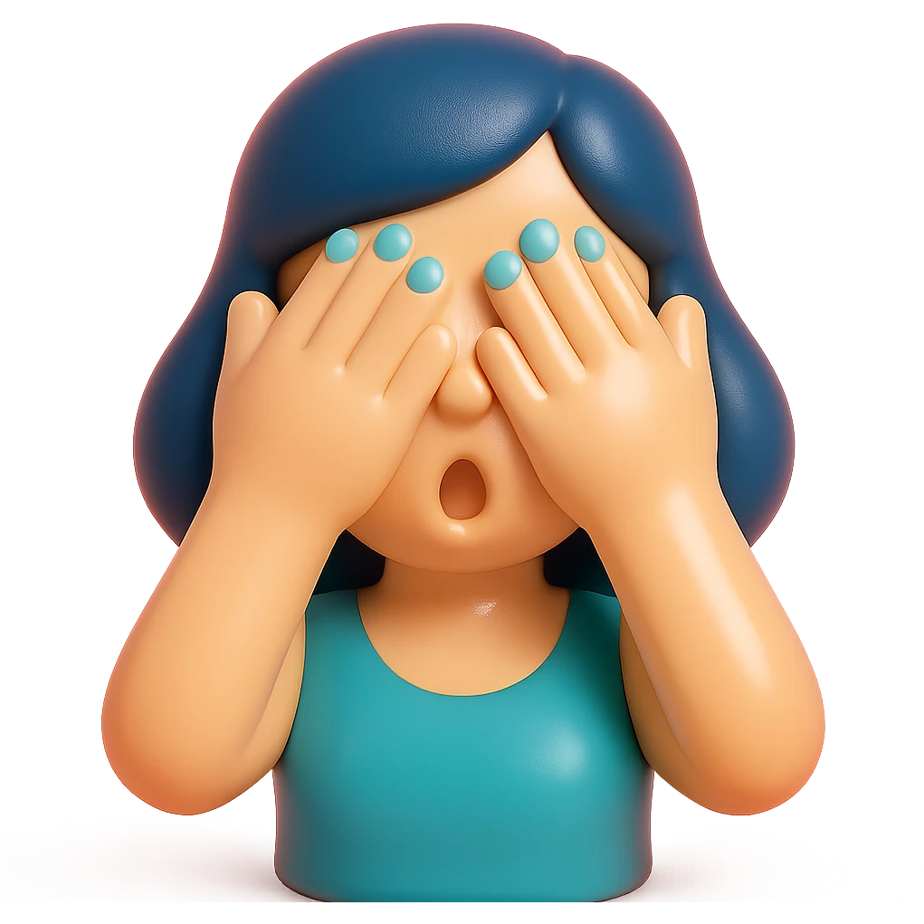 Woman with dark blue hair and blue fingernails with hands over her eyes in shock emoji