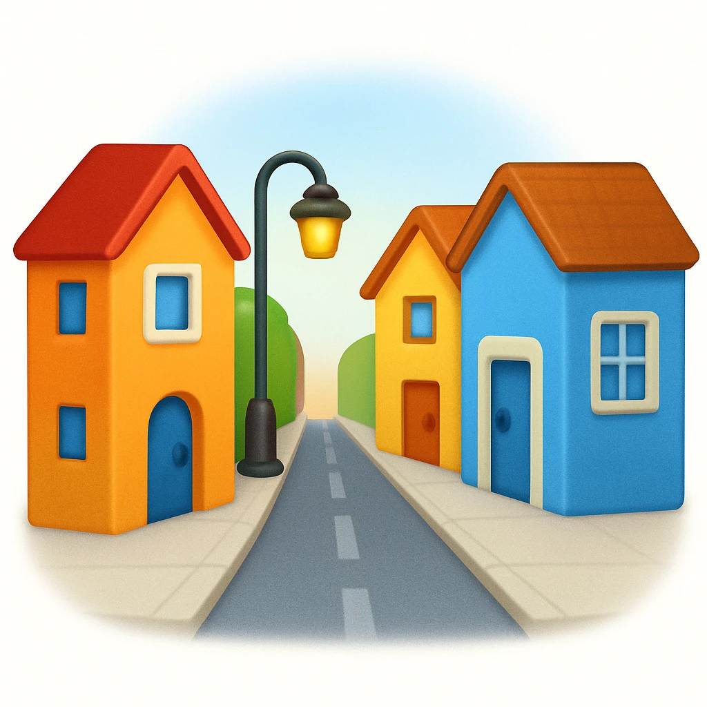 emoji of a small cozy street scene — a narrow road with a sidewalk, a few colorful buildings on the sides, and a streetlight. Soft daylight, clean design, minimal background, cheerful and detailed Apple emoji style emoji