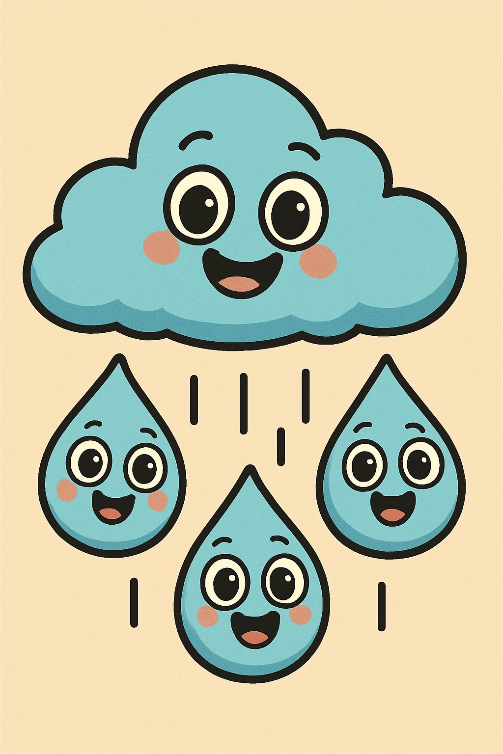 rain icon with cute water droplets, each droplet has big eyes and a cheerful expression, cartoon style emoji