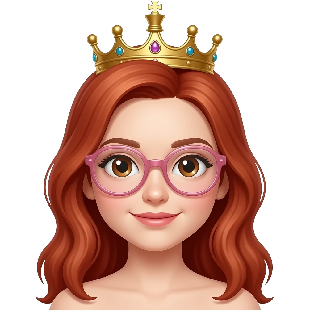 Generate an emoji of a white girl with red hair, brown eyes, semi-transparent pinkish and rounded eyeglasses. She is the new queen of chess and i must be noticed emoji