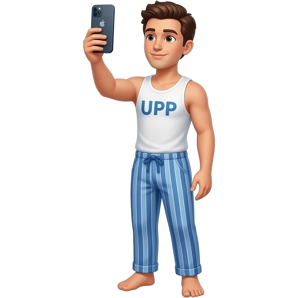 uy-in-pajamaspants-and-tank-top-standing-holding-up-his-phone-up-high-and-in-front-of-him-to-show-the-camera-his-entire-body.-have-him-at-a-slight-angle-and-looking-at-the-phone.-holding-the-phone-vertically.-holding-it-as--high with "UPP" written in middle of his pajama tank top shirt emoji