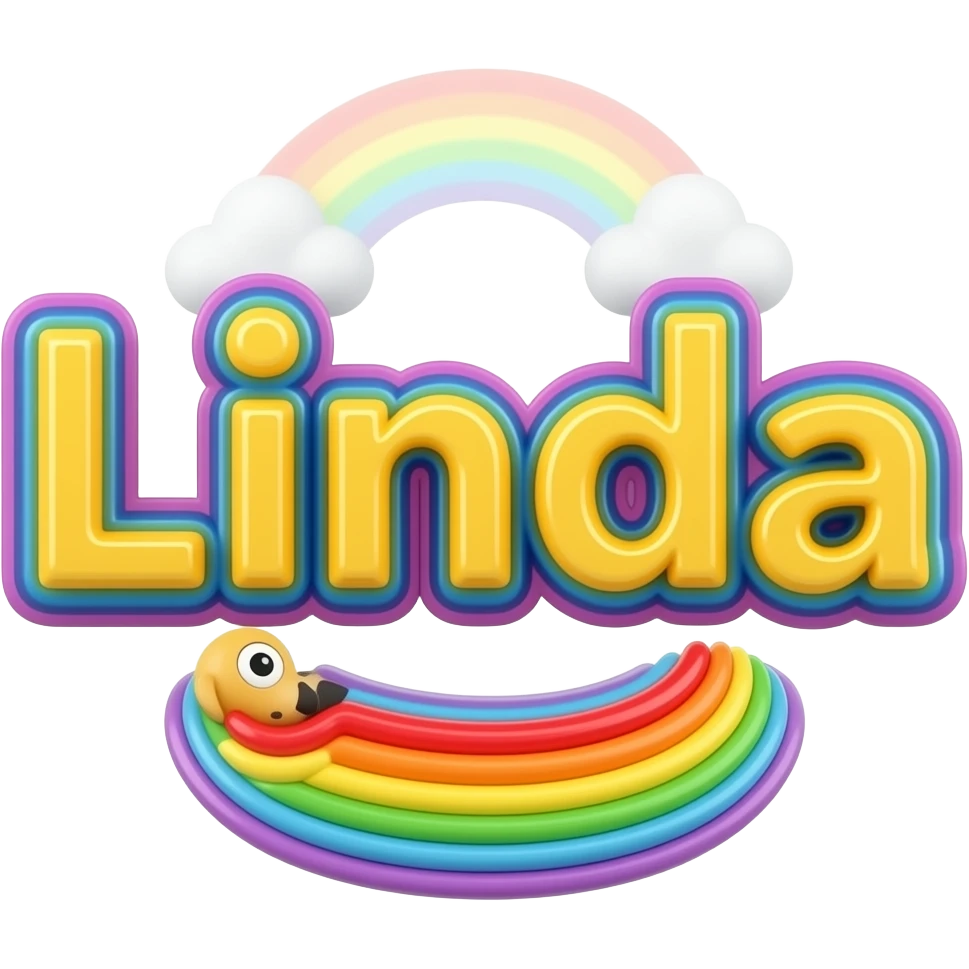 name "Linda" in neon yellow, 3D style typography lettering, each color of the rainbow as a border outlined around each letter, isolated, 3d rendering, no emoji icons no emoji faces and must have no human figures emoji