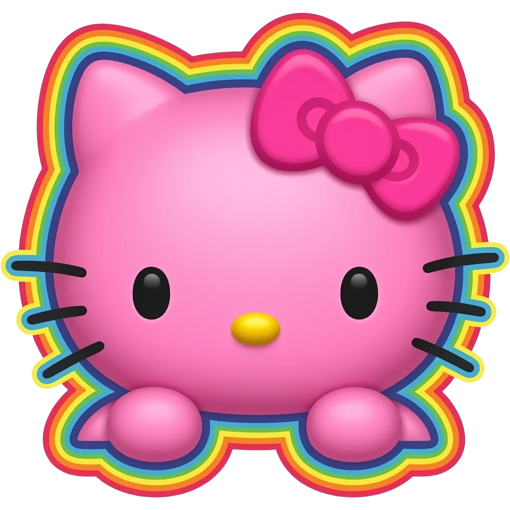 Hello kitty in bright hot pink, in 3d style with all colors of the rainbow as a border outlined around each letter, isolated, 3d rendering, no emoji icons no emoji faces and must have no human figures emoji