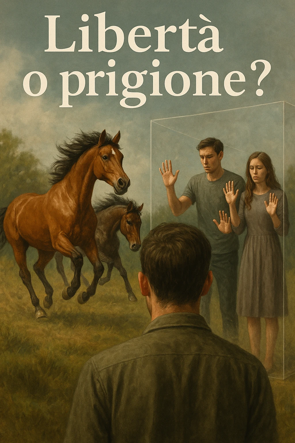 Vertical format: An Italian text 'Libertà o prigione?' with a close-up of a man observing two horses running free together, next to a human couple blocked by invisible walls, symbolic and emotional. emoji