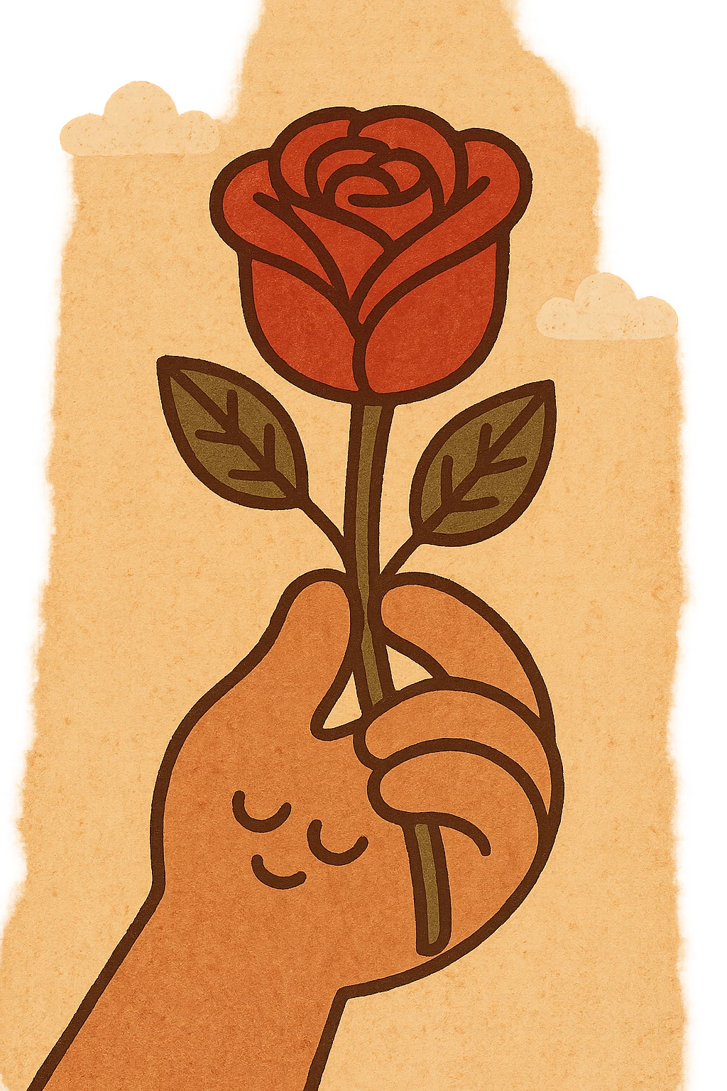 A flat illustration of a hand holding a red rose, minimalist vector style, cartoon-like, 2D design, no shadows, soft pastel colors, clean lines, emoji aesthetic emoji