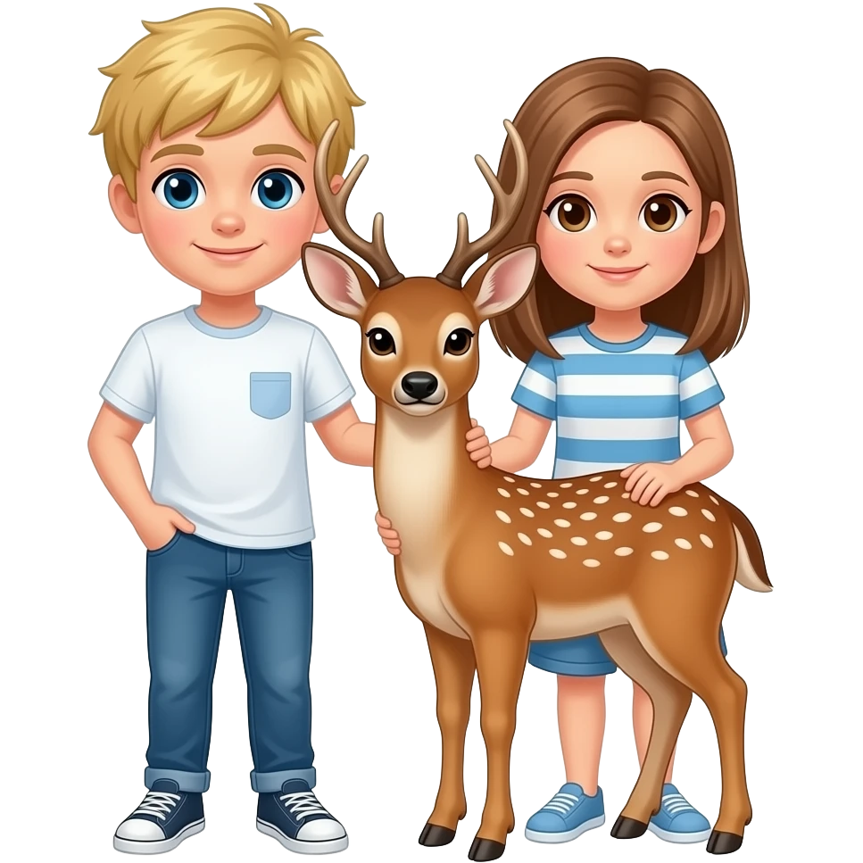 Make a boy with blonde hair and blue eyes and a girl with straight light brown hair with brown eyes hold a deer emoji