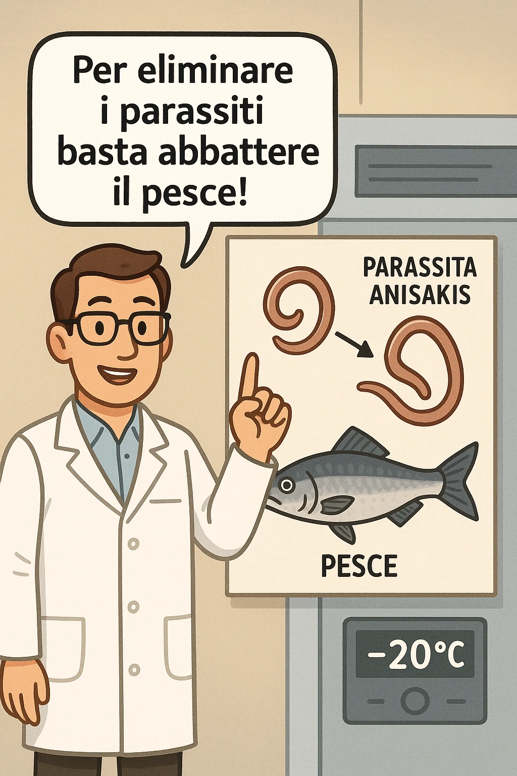  a scientist in a white lab coat stands beside a large poster showing a fish and a diagram of the Anisakis parasite. The scientist points to a speech bubble that says, “Per eliminare i parassiti basta abbattere il pesce!” In the background, a blast freezer is visible, with a temperature gauge set to -20°C. The mood is informative and reassuring. In italiano emoji