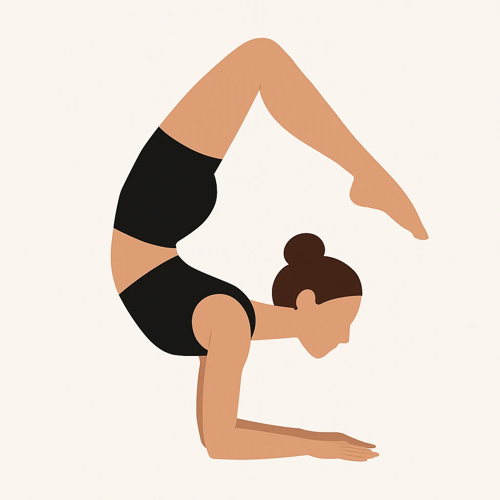 Minimalist flat vector illustration of a woman doing yoga (Vrischikasana), wearing sportswear (black top and black shorts), brown hair in a bun, clean white background, no face details, elegant style emoji