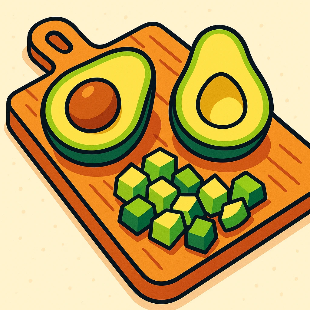 chopped avocados on a cutting board, vibrant cartoon style, vivid colors, light background, no text emoji