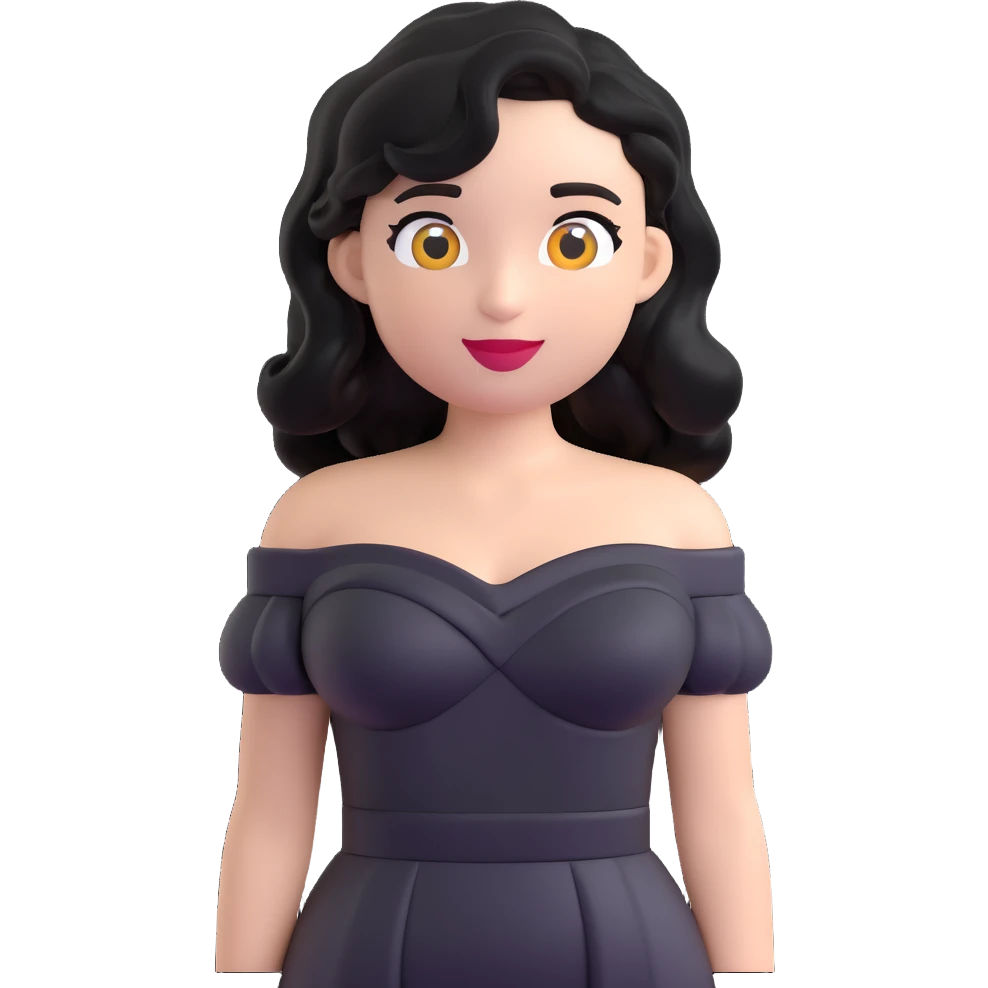 woman with wavy black hair, black off-shoulder dress, white skin, 3d emoji style emoji