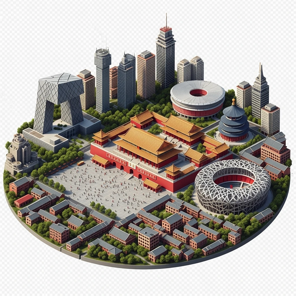 Isometric miniature of Beijing Forbidden City, Tiananmen Square, CCTV Headquarters, Temple of Heaven, Bird’s Nest Stadium and crowded hutong alleys, apartment blocks, 3D miniature effect and Tilt Shift effect, no cartoonish look, transparent background, don't cut angles emoji