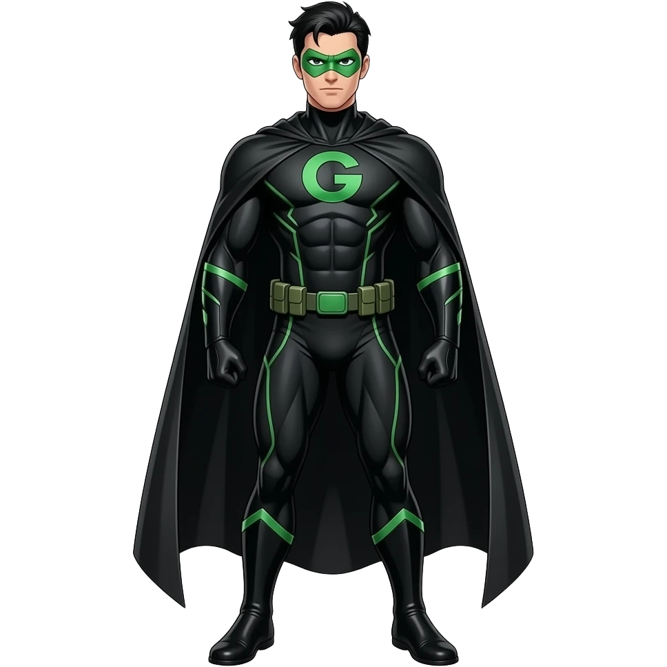 Anime black male superhero suite all black and green lines black slick back hair green masks and very long black cape letters G on the suite look superstrong very tall full body emoji