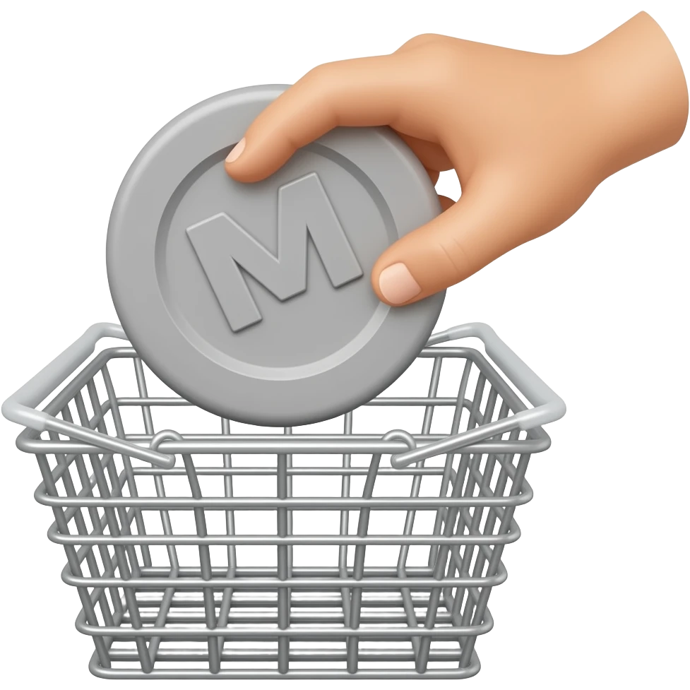 Hand throwing monochromatic gray with a large silver cupure 'M' centered on them into a full metallic basket. Vibrant accents, isolated high-res render emoji
