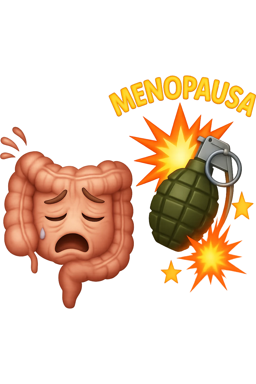 EMOJI STILE IPHONE DI INTESTINO ANZIANO CON RUGHE SFINITO, ACCANTO A LUI SCOPPIA UNA GRANATA 3D CON LA SCRITTA "MENOPAUSA" SOPRA emoji