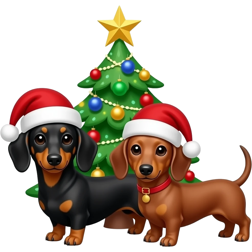 1 black and tan dachshund and 1 red dachshund with Santa hats by a colourful decorated green Christmas tree with a golden star on top emoji