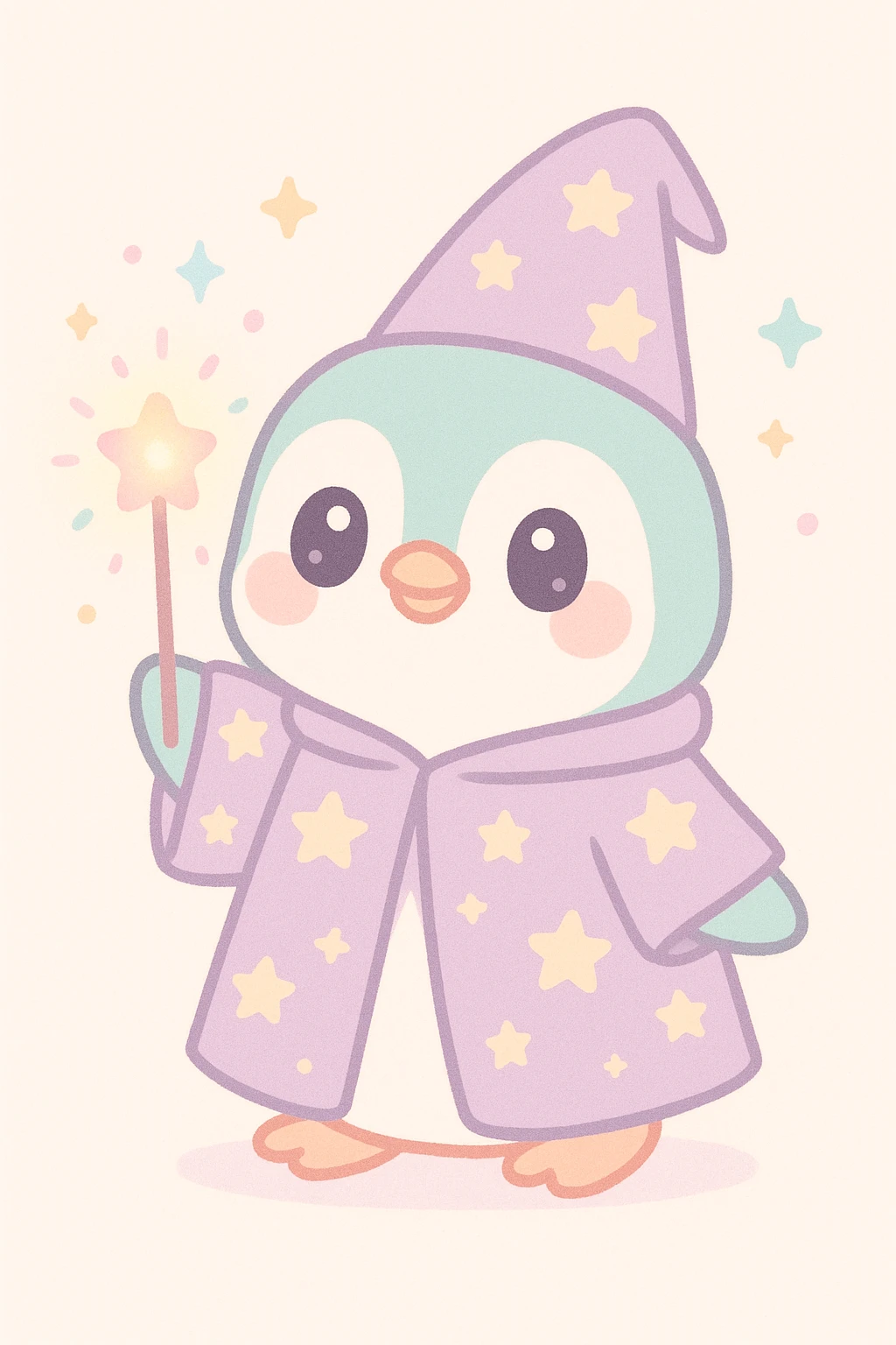 cute penguin wizard with a starry robe and a glowing wand, magical sparkles around, adorable and enchanting emoji