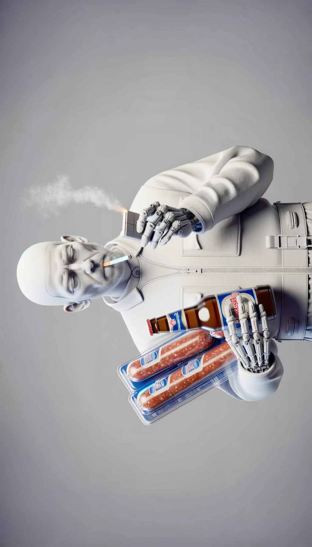CORPO UMANO ANATOMICO TIENE UNA SIGARETTA IN BOCCA E STA FUMANDO MENTRE TIENE TRA LE BRACCIA UNA BIRRA E WURSTEL CONFEZIONATI, LI GUARDA CON ESPRESSIONE INDECISA IN VOLTO, NEUTRAL CLEAR BACKGROUND, iperrealistico 4k emoji