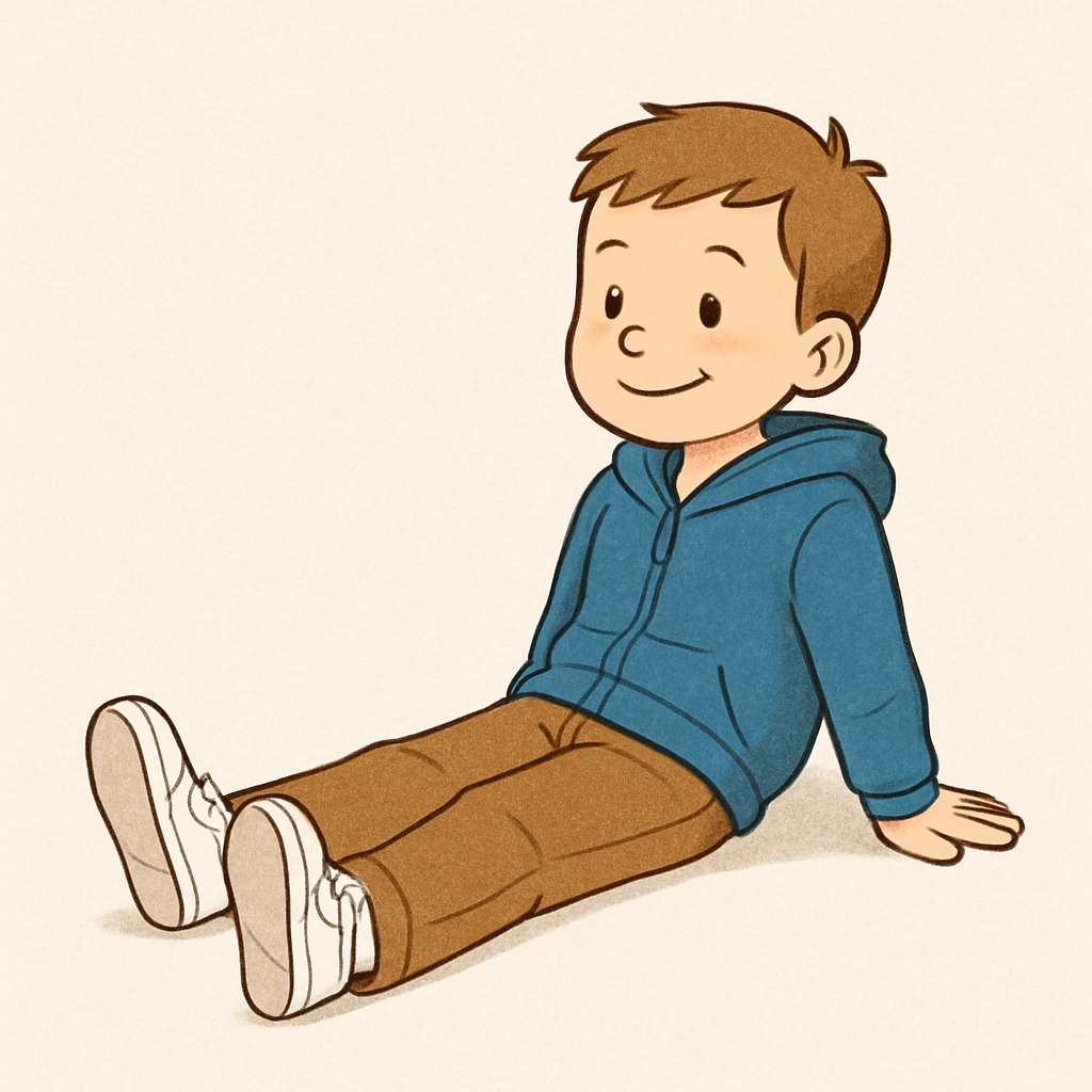Edit the image of the boy to make him sit straight with his legs straightened out in front of him, arms resting on the ground behind him, as if he is chilling. Keep the same outfit and style as the original image. emoji