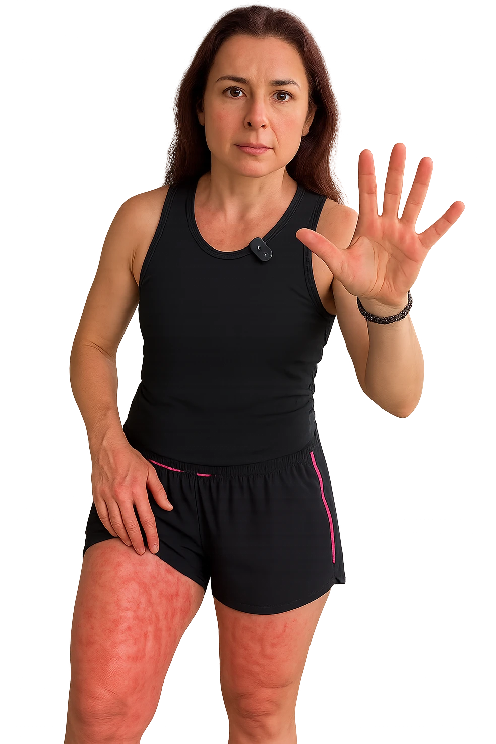 Donna con cellulite sulle cosce indica le cosce che sono infiammate di cellulite emoji