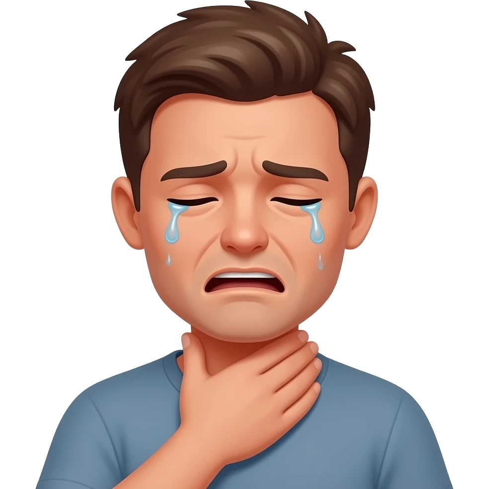 Make the emoji have its hand around its neck like it chocking itself, make its facial expression like out of air and struggling make him struggle more red face and almost crying emoji