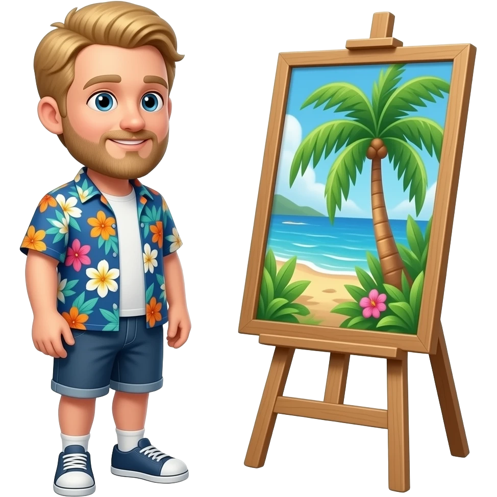 Blonde man with short beard wearing a Hawaiian shirt and shorts looking at art emoji