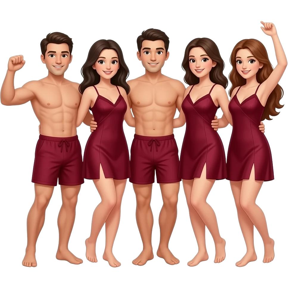 people dancing, total 6 people, 3 guys 3 girls, they are wearing dark red color nighty. emoji