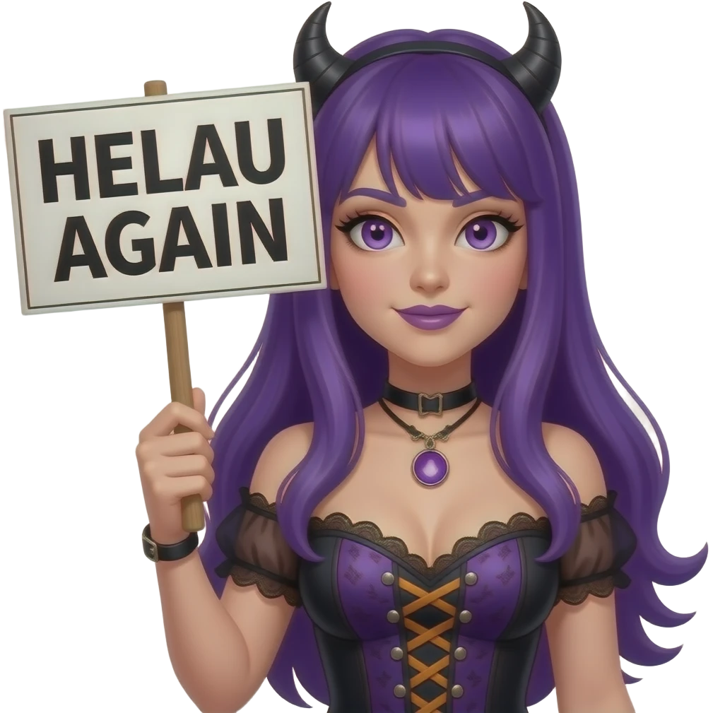 sexy girl with long purple hair and purple eyes wearing a halloween dress holding a HELAU AGAIN sign emoji