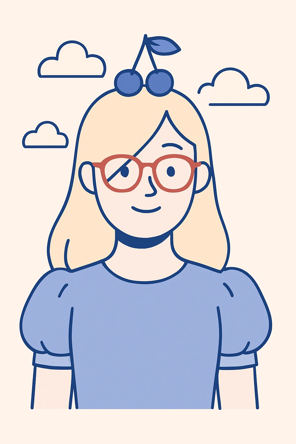Add puffy sleeves to the woman's baby blue shirt, maintaining the clean modern illustration style with soft, smooth lines and subtle shading. emoji
