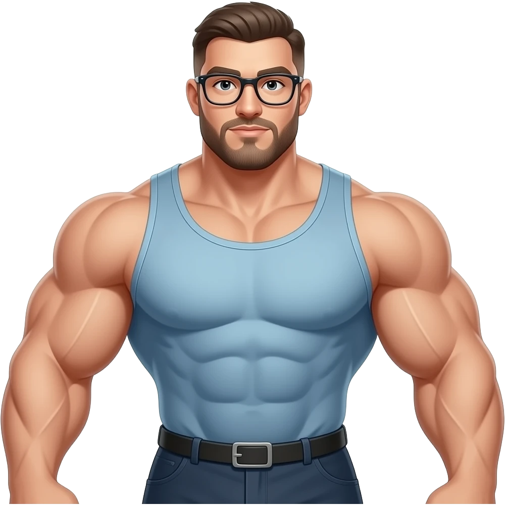 make a guy that is strong with very very strong muchles that is wearing glasses emoji
