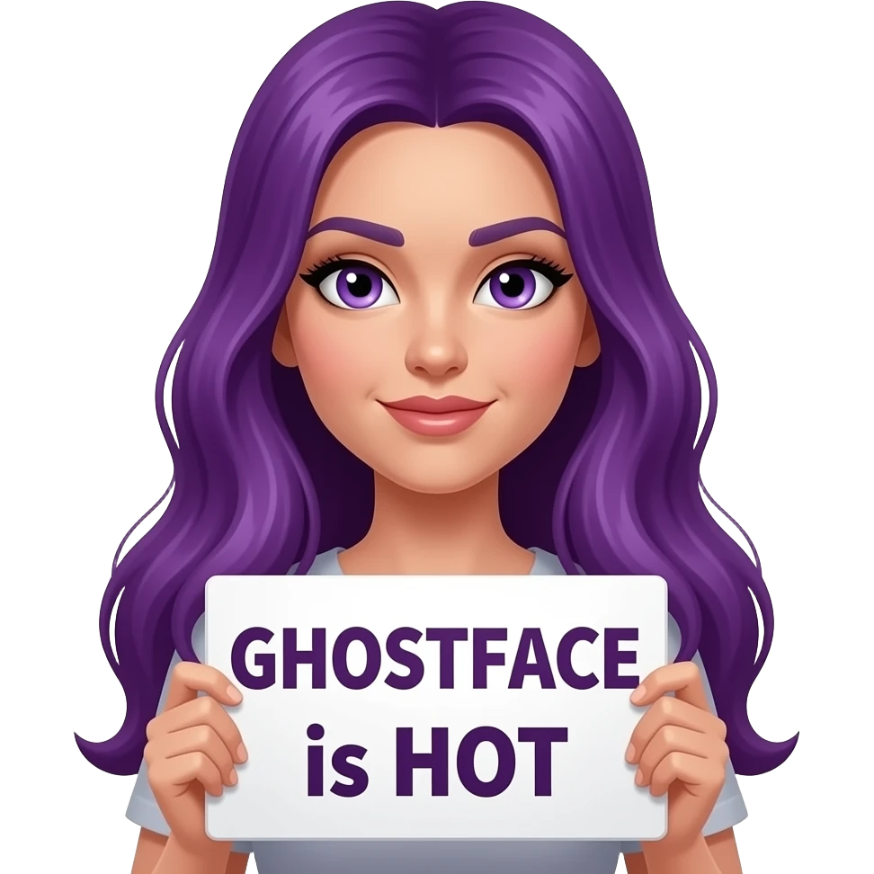 sexy girl with long purple hair and purple eyes holding a GHOSTFACE is HOT sign emoji