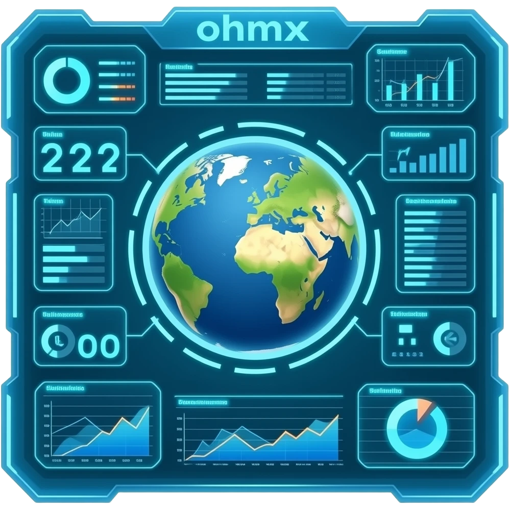 A futuristic HUD showing planet earth and little data callouts with graphs emoji