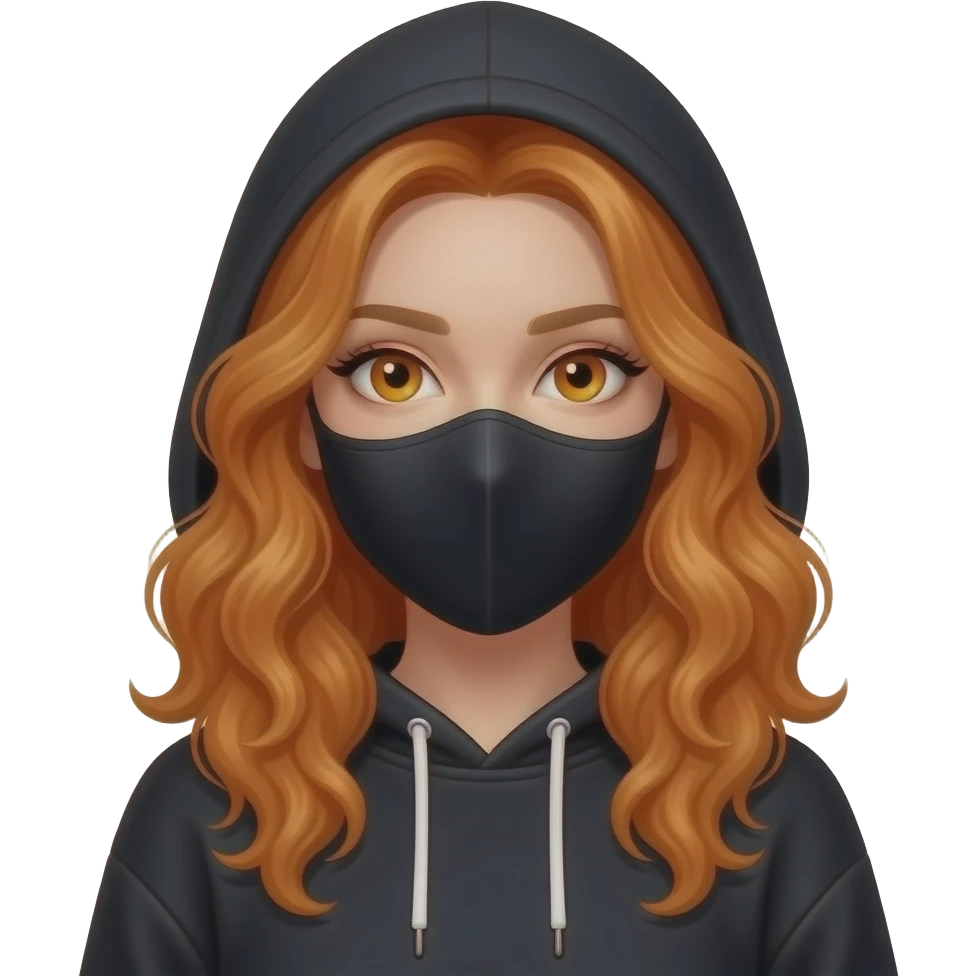 sexy girl with long curly ginger hair and ginger eyes wearing a black hoodie with the hood atop her head and a black mask emoji