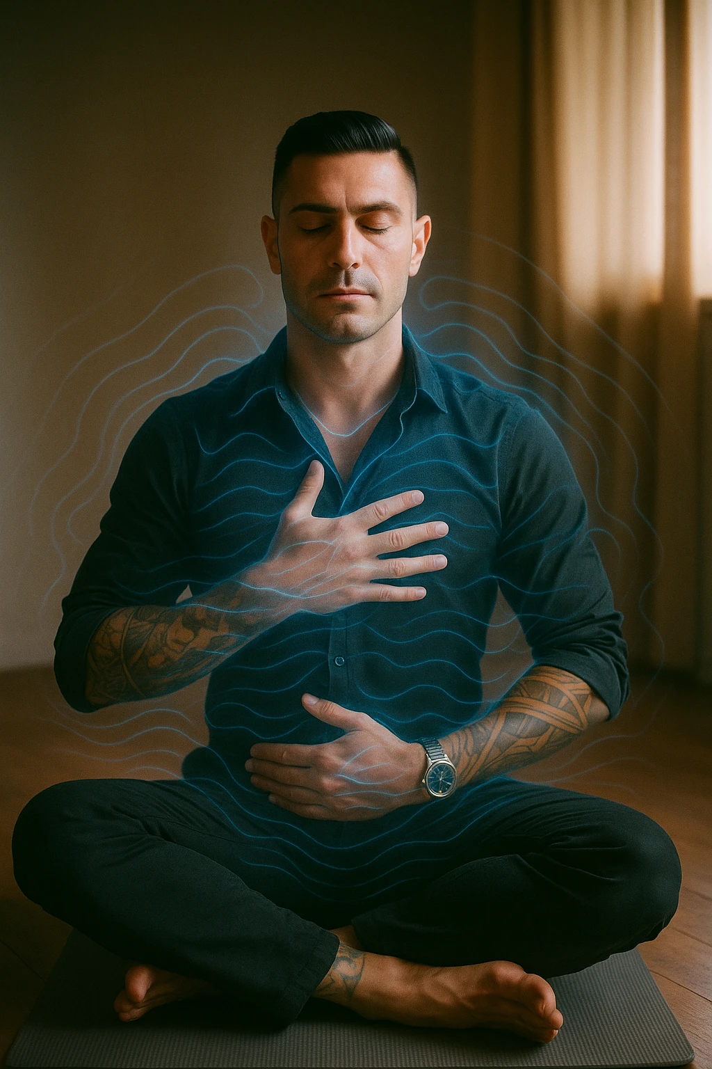 A highly realistic, cinematic portrait of a man in his early 30s with a calm, focused expression, sitting cross-legged on a yoga mat in a softly lit room. His eyes are closed, and he is performing deep diaphragmatic breathing, with one hand resting on his chest and the other on his abdomen, visibly rising and falling with each breath. A subtle glow or faint blue light outlines his body, symbolizing calm energy and nervous system regulation. Around him, faint symbolic waves or flowing lines in blue tones represent the breath calming the autonomic nervous system, while a soft warm light from a window illuminates his relaxed face. The atmosphere is peaceful and grounded, with warm natural tones and a clean, minimalist setting, evoking the feeling of inner calm and nervous system reset through conscious breathing. Style: 35mm hyperrealistic film photography, soft depth of field, warm lighting with clear focus on the man's peaceful face and breathing posture emoji