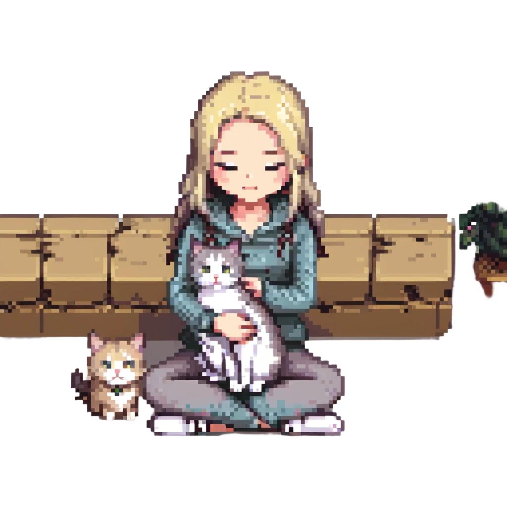 Remix using this girl as the character, petting a gray and blonde mixed cat in pixel art style. The girl is sitting cross-legged and the cat is curled beside her. emoji