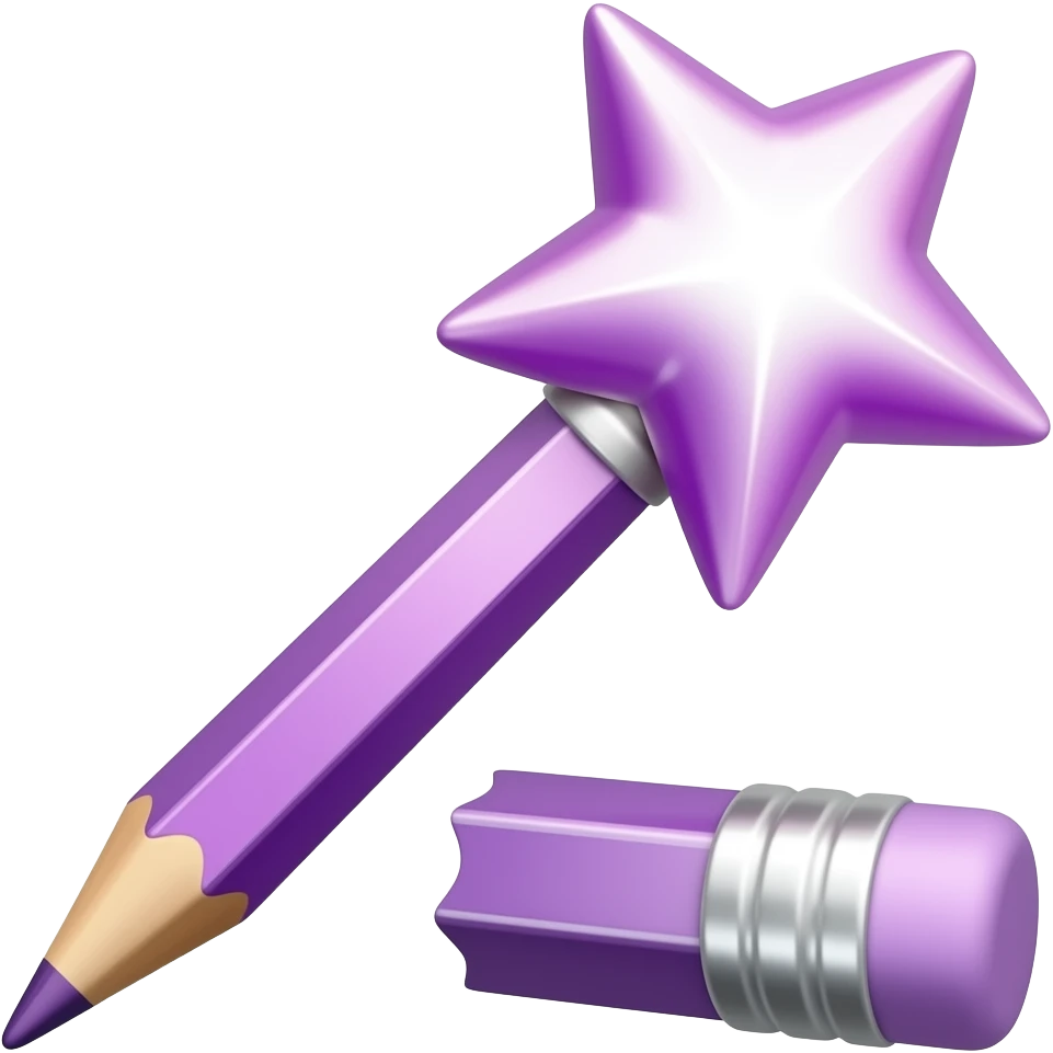 one purple gradient pencil in front of a shiny magic wand (fairy mood but no actual fairy character) sparkling wand with a star toward top/end of pencil (rubber side) emoji